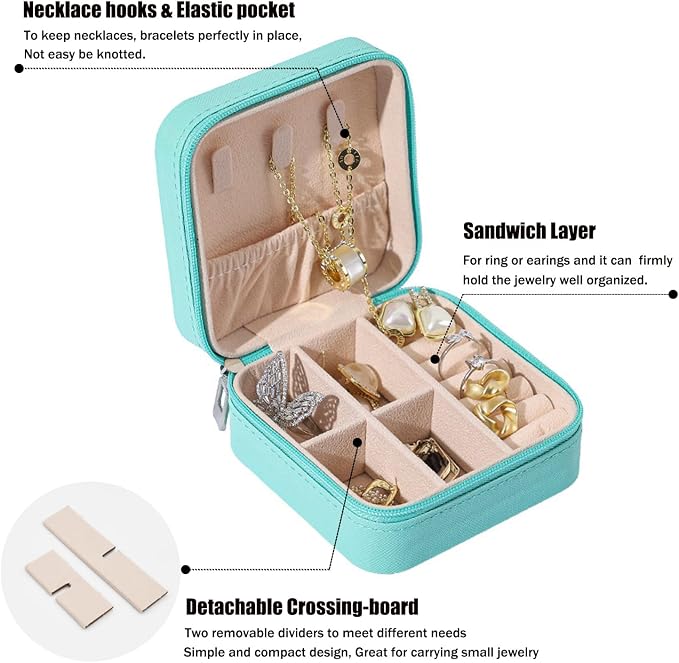 MODENGKONGJIAN Mini Jewelry Travel Case, PU Leather Travel Jewelry Organizer Box, Small Portable Portable Jewellery Storage Holder for Womens Rings Earrings Necklaces Bracelets (Blue) - Image 2