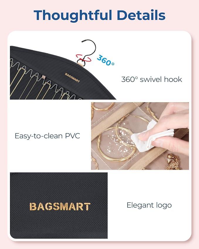 BAGSMART Hanging Jewelry Organizer with Hanger Metal Hooks Double-Sided Jewelry Holder for Organizing Earrings Necklaces Rings Perfect for in Hanging Closet, Wall, Door, 1 Piece, M, Black - Image 5