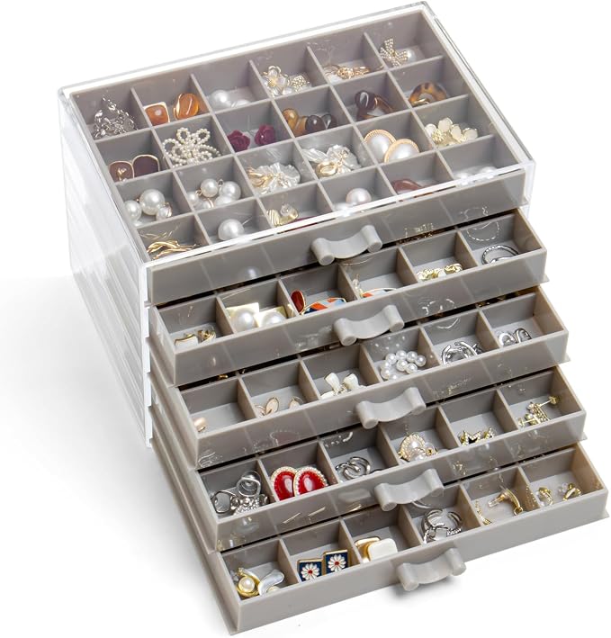 YUFONG Earring Storage Box Organizer, Acrylic Jewelry Storage Box Holder 5 Drawers Transparent Jewelry Display Stand with 120 Small Compartments Gift Boxes for Women Girls (Gray) by YUFONG