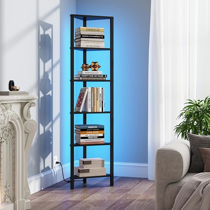 TUTOTAK Corner Shelf with LED Light, 6-Tier Corner Bookshelf for Small Space, Narrow Display Corner Shelf Stand with Storage Rack, for Living Room, Bedroom, Black BS05BK006L - Image 9