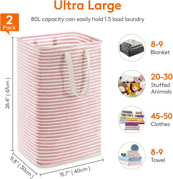 Lifewit 2 Pack Laundry Basket 80L Each, Collapsible Clothes Hamper with Reinforced Handles, Freestanding Waterproof Design for Bedroom and Laundry Room, Pink 160L Total - Image 4
