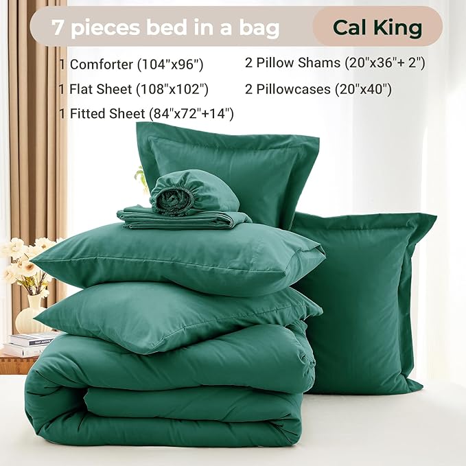 MUXHOMO 7 Pieces California King Comforter Set, Soft Bed in a Bag Cal King Size, All Season Bedding Set with Comforter, Flat Sheet, Fitted Sheet, Pillowcases & Shams, Emerald Green