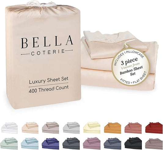 Bella Coterie Luxury Bamboo Viscose Twin Size Sheet Set | 100% Organically Grown | Ultra Soft | Cooling for Hot Sleepers | 18" Deep Pocket [Champagne]