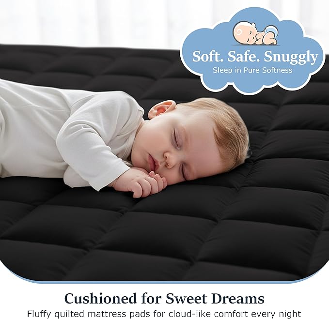 LUX Décor Twin Mattress Pad - Quilted Elastic Fitted Mattress Cover Protector Upto 16 Inches Deep Pocket - Soft Breathable Noiseless Mattress Topper (Black “39 X 75”)
