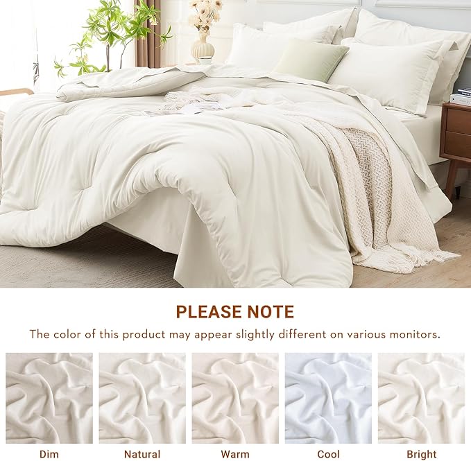 MUXHOMO 5 Pieces Twin Comforter Set, Soft Bed in a Bag Twin Size, All Season Bedding Set with Comforter, Flat Sheet, Fitted Sheet, Pillowcases & Shams, Ivory