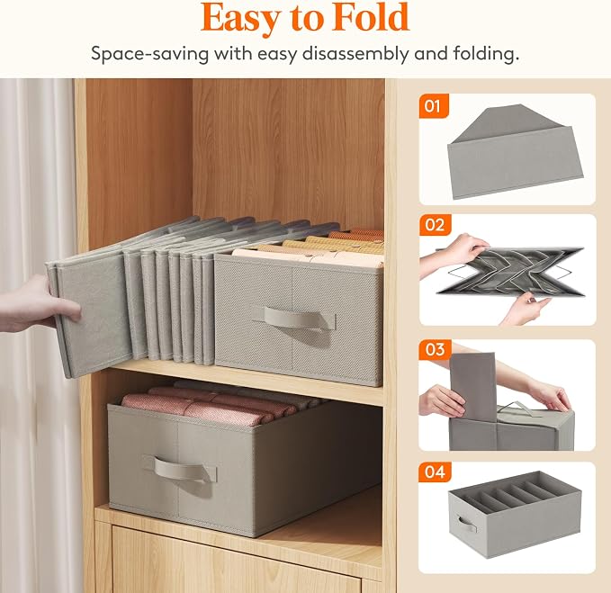 Lifewit Wardrobe Clothes Organizer 12 Pack, Large Size 6 Grids Closet Jean Storage Bins with Handles and Support Boards, Foldable Drawer Dividers for Sweater, Pants, T-Shirt, Hoodie, Dress, Grey - Image 6