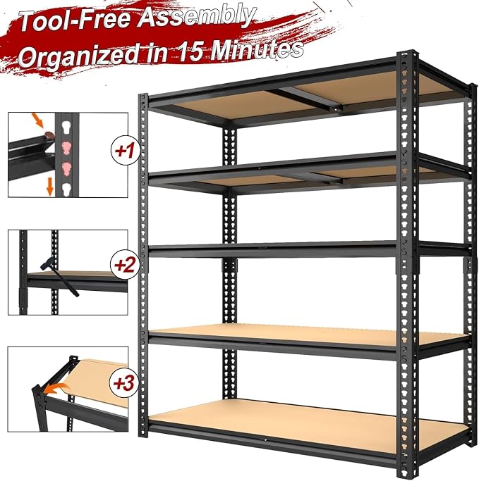 40W Garage Storage Shelves,Garage Shelves Heavy Duty,5 Tier Shelving Unit,2400LBS Capacity Heavy Duty Shelving for Garage Storage,Warehouse,72" H x40 W x20 D - Image 7