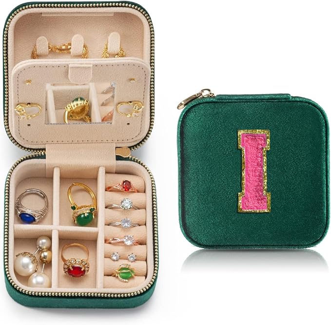 Personalized Velvet Travel Jewelry Case Box For Women Ring Necklace Earring Holder Organizer with Mirror Green Girls Box Birthday Gifts Mom Initial I by HKDSGF