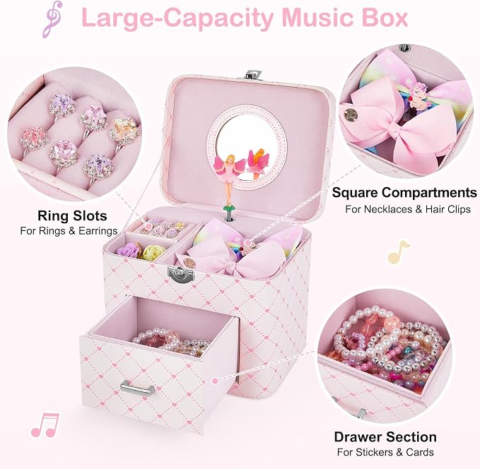 Basumee Musical Jewelry Box for Girls PU Leather Music Box with Drawer Large Kids Jewelry Organizer with Unicorn/Ballerina Jewelry Storage for Little Girls Ages 3–10, Birthday & Holiday Present - Image 3
