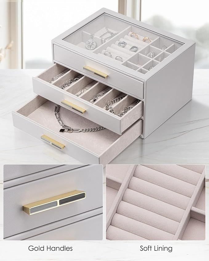 VLANDO Jewelry Box for Women, Glass Lid Jewelry Organizer with 3 Drawers for Necklaces Rings Earrings Bracelets - Grey - Image 5