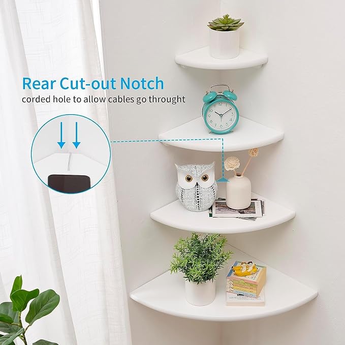 Corner Shelf, White Floating Corner Shelf, Set of 2 7inch Solid Oak Wood Corner Wall Shelves, Round End Wall Mount Display Shelf with Wire Hole for Small Plant for Bedroom Kitchen, Living Room - Image 2