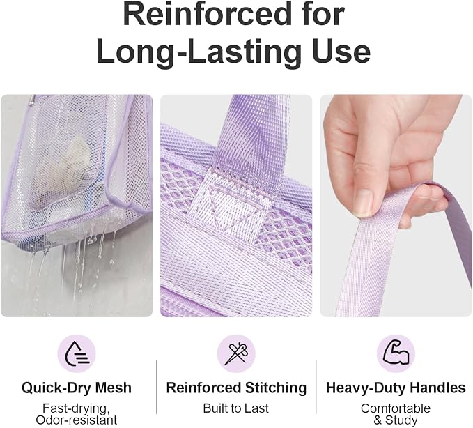 F-color Mesh Shower Caddy Portable Hanging - 3 Pockets Small Shower Bag Tote for Camping, Gym, Travel, Toiletry, Quick Dry Bathroom Essentials with S Hook, Purple - Image 4