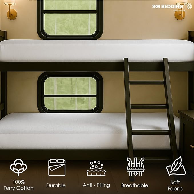 SGI bedding Waterproof RV Bunk Cot Bed Mattress Protector 36"x75" for Narrow Twin Camping Bed Mattress Pad Cover, Truck Sleeper & RV Beds - Soft, Noiseless, Breathable, 15" Deep Pocket - White