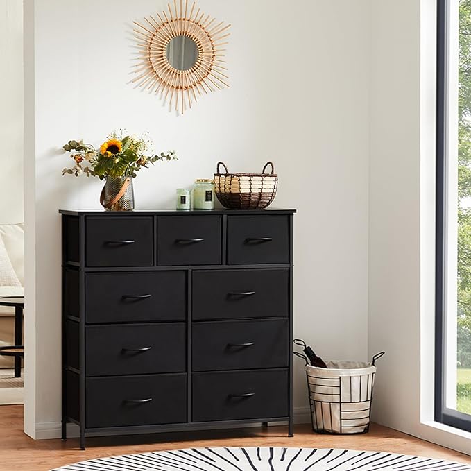 Sweetcrispy Dresser for Bedroom with 9 Storage Drawers, Tall Large Fabric Storage Tower Organizer, Chest of Drawers with Metal Frame Wooden Top for Closet, Living Room, Entryway, Black