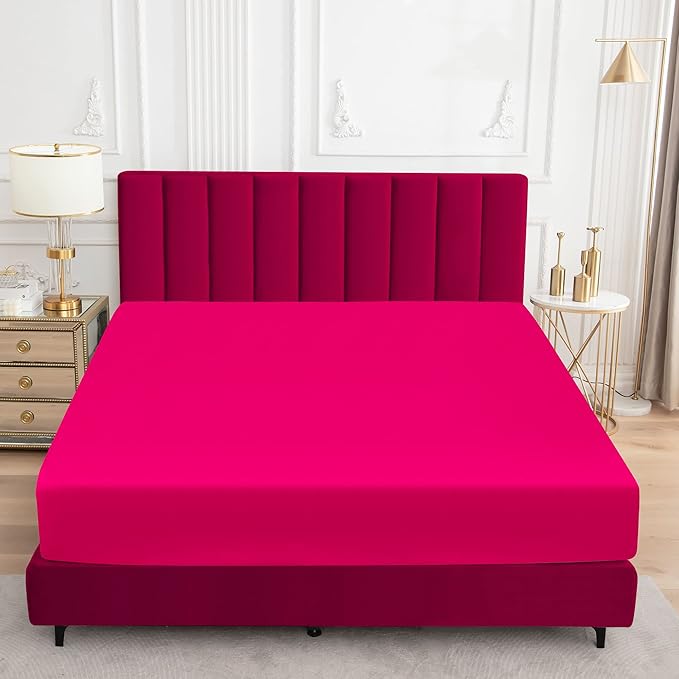 1 Piece Waterproof Mattress Protector Alberta King Size Fits Up to 15" Inch Deep Pocket Pad Cover Fitted Style Super Soft Terry Fabric Vinyl-Free Hot Pink Solid