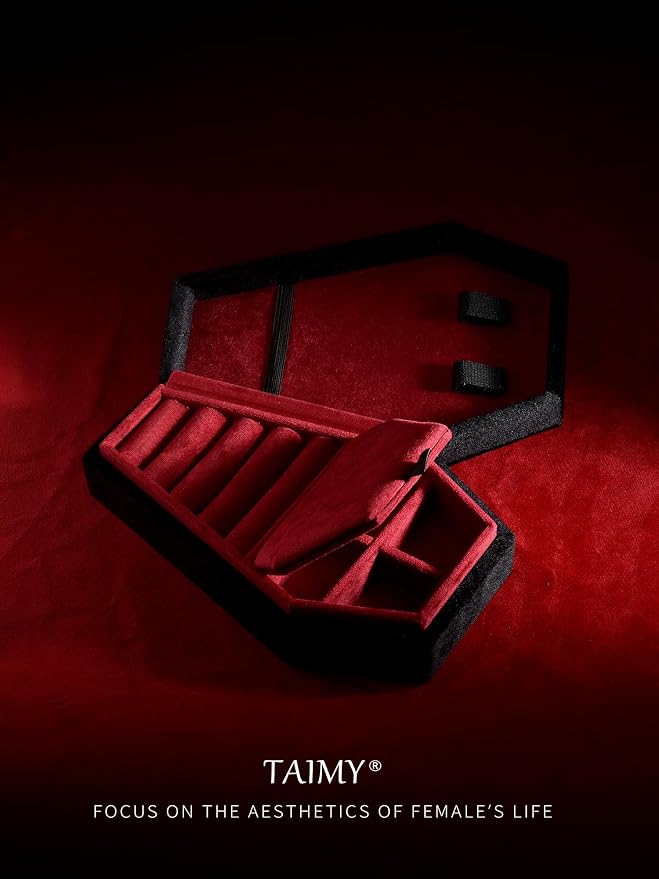 TAIMY Coffin Jewelry Box, Mini Coffin Shaped Gothic Jewelry Case, Plush Velvet Small Jewelry Organizer for Earrings Rings Necklaces Bracelets(Black-Red) - Image 3