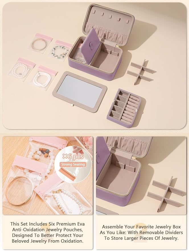 Velvet Travel Jewelry Box with Large Mirror, Double-Layer Jewelry Organizer Case for Women and Girls, Portable Storage Case with 6 Anti-Tarnish Bags Gift Ready for Her (Lavender) - Image 4