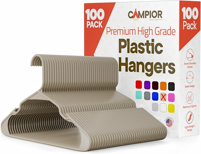 Plastic Clothes Hangers – Heavy Duty Hanger Set, for Organizing Clothes, Dresses, and Coat, Holds Up to 5 lbs, Space-Saving Hangers with Non-Slip Shoulder Grooves, Pack of 100, Ivory by Campior