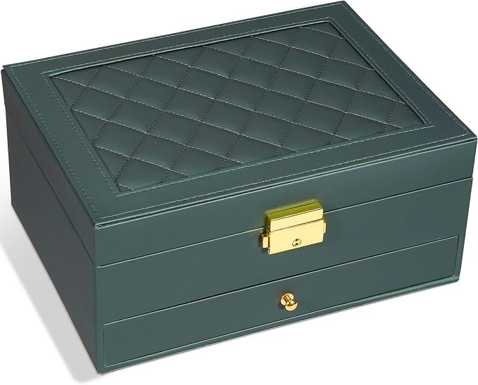 GUOER Jewelry Box for Women Girl Wife - Large PU Leather Jewelry Organizer Storage Case with Two Layers Display for Earrings Bracelets Rings Watches (Hunter Green) by GUOER