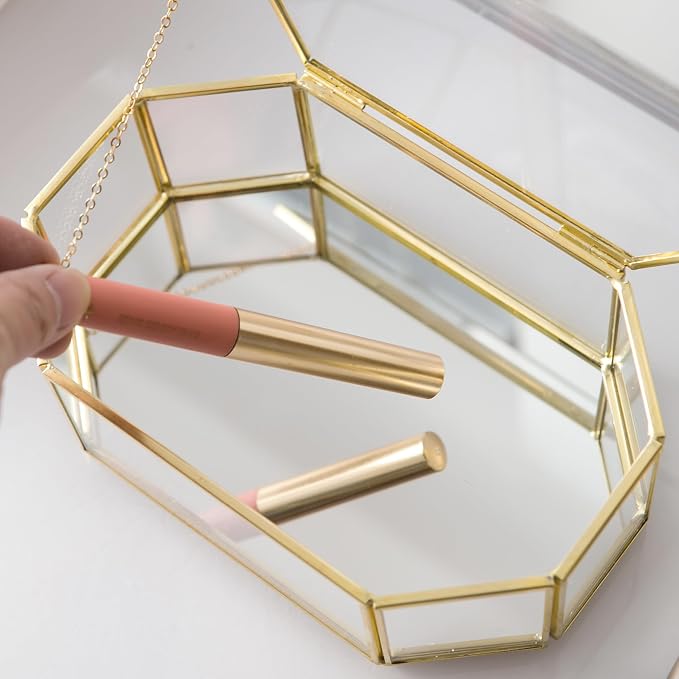 Glass Keepsake Organizer - Vintage Octagon Lidded Gold Home Decor Accent Box for Storage Rings, Bracelets - Image 5