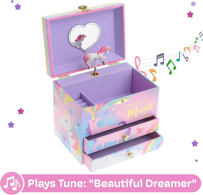 Jewelkeeper Unicorn Musical Jewelry Box for Girls - Cotton Candy Unicorn Design Music Box with 2 Pullout Drawers to Store Earrings, Necklace and Bracelets, Plays The Beautiful Dreamer Tune - Image 4