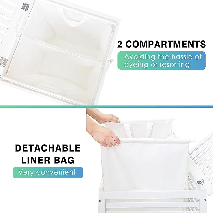 SMIBUY Double Laundry Hamper with Lid, 120L Bamboo Laundry Basket with Removable Liner Bag, 2-Section Clothes Divider Laundry Sorter for Laundry Room, Bathroom, Bedroom (White) - Image 4