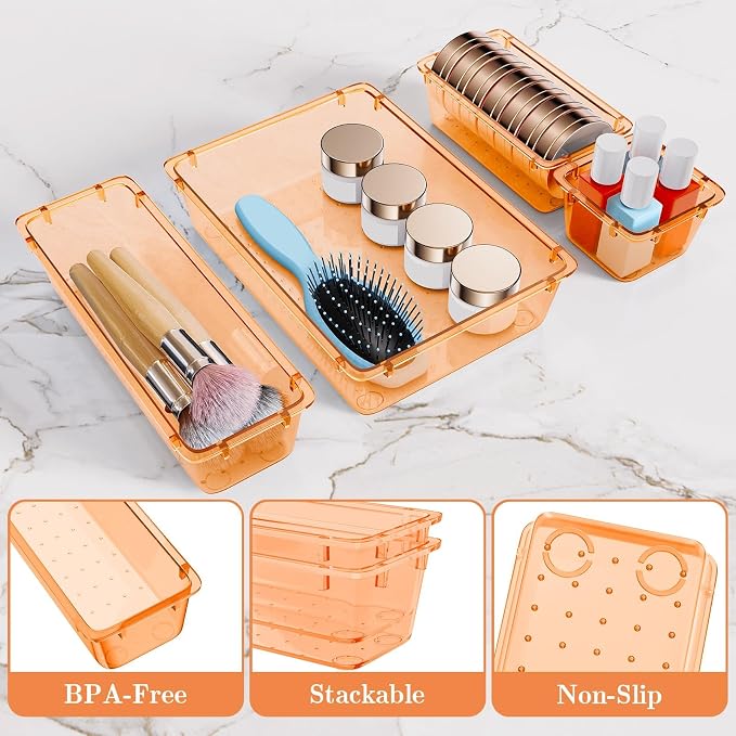 SpaceHacks 25 PCS Plastic Drawer Organizer Set, 4-Size Versatile Organizer Trays & Storage Bins for Makeup, Jewelry, and Gadgets in Bathroom, Bedroom and Office,Orange - Image 3