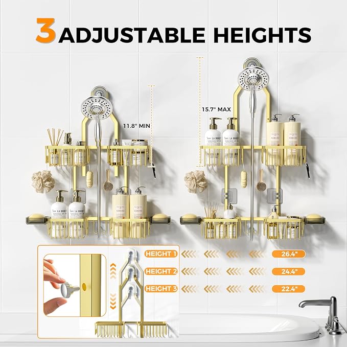 REINHARDT Aluminum Shower Caddy Hanging Adjustable Shower Caddy, Rustproof Hanging Shower Organizer with Hooks Soap Holders, Over Shower Head Caddy for Handheld Showerhead, Gold - Image 2
