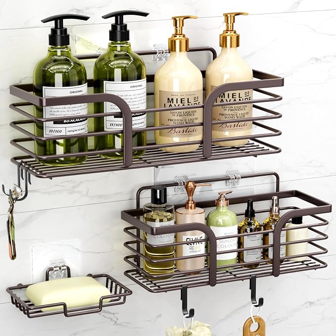Yougai Shower Caddy, Shower Organizer with Soap Holder and Hooks, Rustproof Shower Shelves, No Drilling Bathroom Organizers and Storage, Wall-Mounted Kitchen & Home Decor (Brown) by Yougai