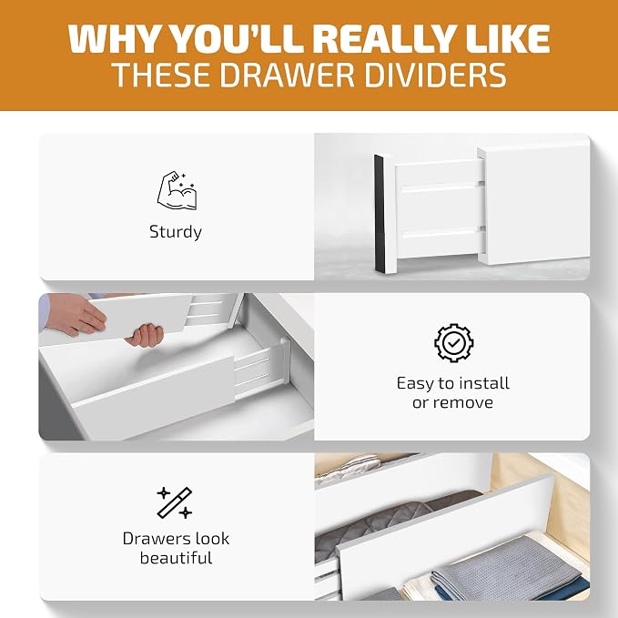 6-Pack Drawer Dividers 6 Inch High, 11”-17" Adjustable Bamboo Organizers Large Expandable Drawer Separators for Cloths, Dresser, Bedroom, Bathroom, Baby Drawer, Office & Kitchen Utensils (White) - Image 3