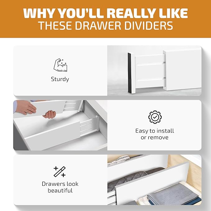6-Pack Drawer Dividers 4 Inch High, 11”-17" Adjustable Bamboo Organizers Large Expandable Drawer Separators for Cloths, Dresser, Bedroom, Bathroom, Baby Drawer, Office & Kitchen Utensils (White) - Image 9