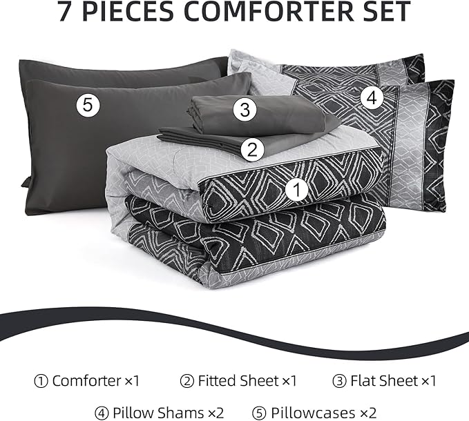 Dinjoy Queen Comforter Set Dark Gray Boho,Soft 7 Piece Bed in a Bag Queen Size Black Bedding Sets Striped Comforters with Plaid Bed Set with Sheets for Men Fall Winter