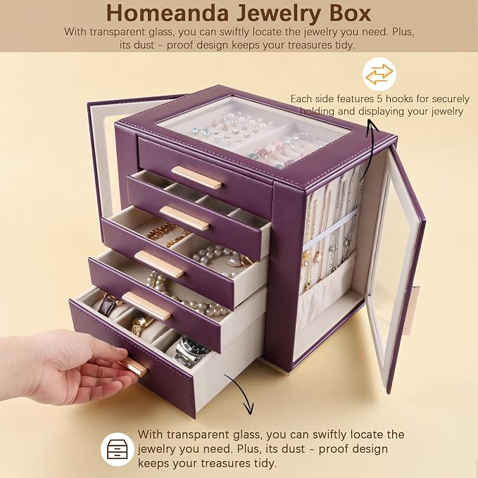 Homeanda Jewelry Box for Women with Glass Lid, 5 Drawers Jewelry Organizer and Storage for Necklaces, Rings, Earrings, Bracelets, Gift for Girls and Teens,PU Leather (Purple) - Image 6
