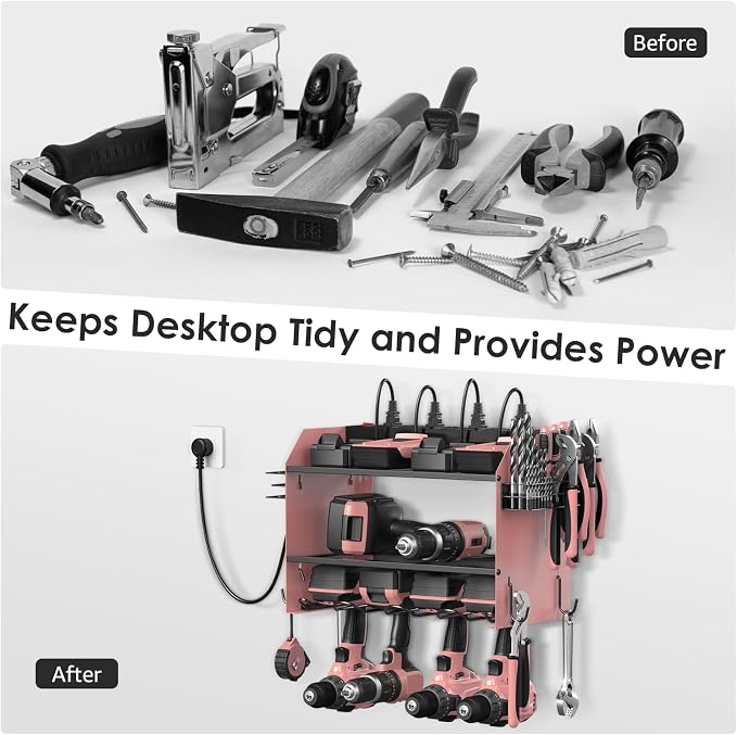 CCCEI Modular Power Tool Organizer Wall Mount with Charging Station. Garage Drill Storage Shelf with Hooks, Heavy Duty Rack, Tool Battery Holder Built in 8 Outlet. Gift for Men. Pink, 1 Pack. - Image 4