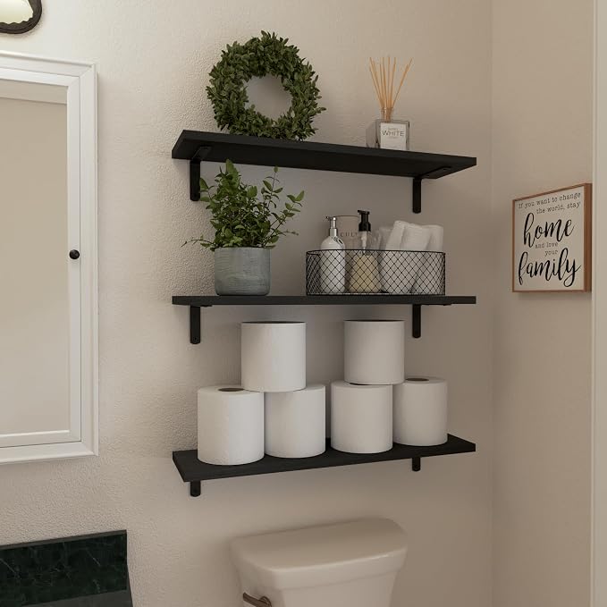 WOPITUES Wood Floating Shelves Set of 6, 24 inch Long Floating Shelves for Wall Decor, Farmhouse Shelf for Bedroom, Bathroom Storage Shelves, Book Shelves for Living Room - Black - Image 4