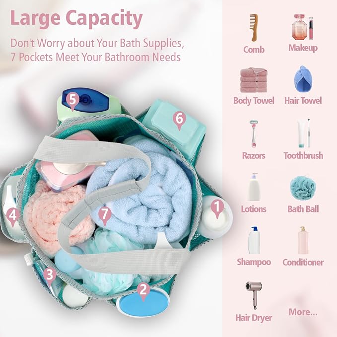 F-color Mesh Shower Caddy Portable, Large Capacity Shower Bag Basket Tote for College Dorm Room Toiletry Gym Rv Essentials, Bathroom with S Hook, Mint Green - Image 2