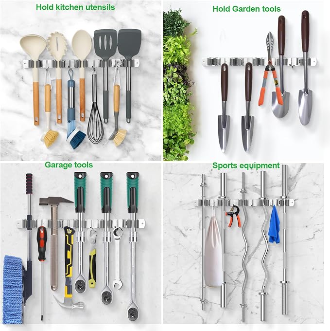 voze 3 Racks and 4 Hooks Mop and Broom Holder Wall Mount, Self Adhesive Heavy Duty Broom Organizer Storage Tool Racks for Kitchen Garden Laundry Garage - Image 6