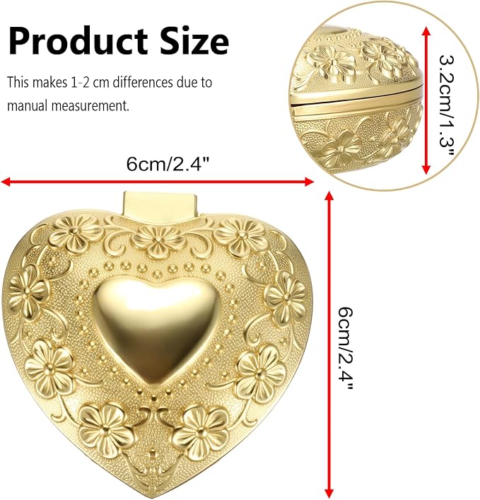 Hipiwe Vintage Jewelry Box Heart Shape Trinket Chest Metal Gold Treasure Storage Case for Rings Earrings Necklace Keepsake Organizer Gift for Woman - Image 3
