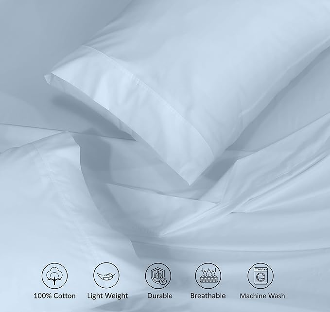 RUVANTI 100% Cotton Sheets – Twin XL Size Percale Bedding, Cooling & Breathable, Durable with a Crisp, Soft & Comfortable Feel, 16" Deep Pocket, 3-Piece Set, Baby Blue