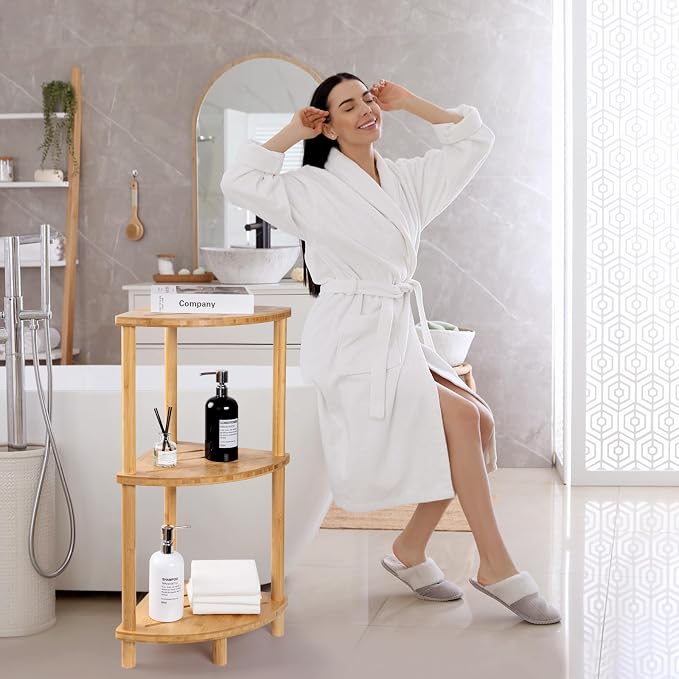 Corner Shower Caddy Stand, Bamboo Shower Organizer Standing with Anti-Slip Feet, Bathroom Corner Shelf,Waterproof & Durable, Space-Saving Design Storage for Kitchen or Living Room - Image 3