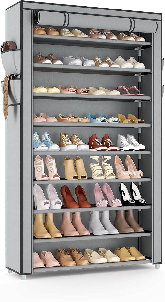 VILICK Shoe Rack with Cover Narrow Shoe Organizer with Pockets 10 Tier Tall Shoe Storage Holds 36-41 Pairs Shoes and Boots Shoe Rack for Closet Entryway Garage, Grey by VILICK