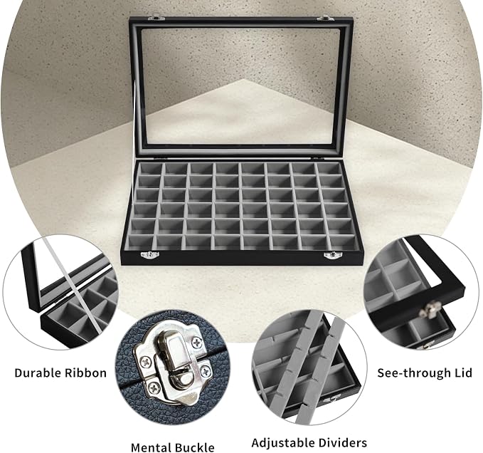 Stratalife Jewelry Organizer 48 Grid Jewelry Tray with Clear Lid Dust-proof Velvet Earring Organizer Necklace Rings Holder Display Drawer Storage Case for Women Gray Black - Image 2