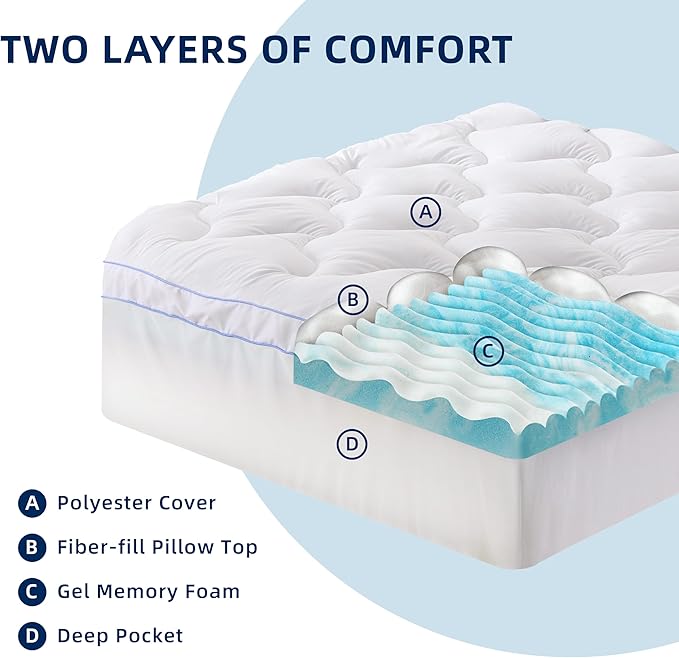Dual Layer 4 Inch Memory Foam Mattress Topper Queen, 2 Inch Cooling 5-Zone Gel Memory Foam Plus 2 Inch Down Alternative Pillow Top Mattress Topper, with Deep Pocket, Support for Back Pain