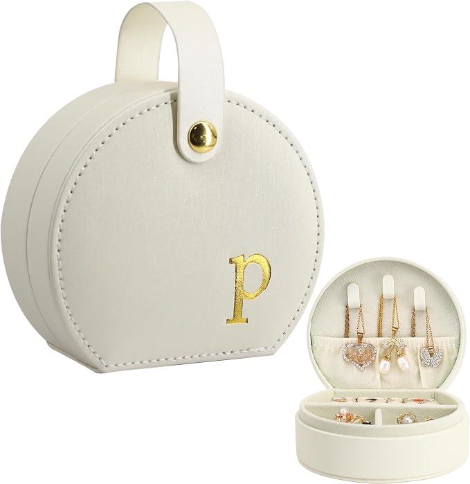 COLLECTIVE HOME - Travel Jewelry Case, Elegant Half-Moon Design with Gold Monogram, Detachable Handle, Personalized Accessory Organizer, Gift for Fashion-Forward Women and Teens (p) by COLLECTIVEHOME
