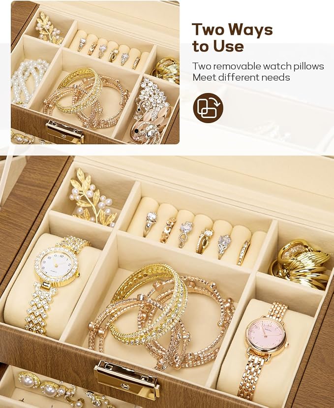 Homde Mothers Day Gifts Synthetic Leather Huge Jewelry Box Mirrored Watch Organizer Necklace Ring Earring Storage Lockable Gift Case (Brown + Gold) - Image 4
