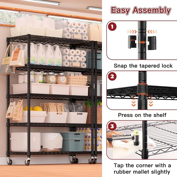 PrimeZone 74''H Wire Shelving 1250lbs 5 Tier Storage Shelves with Wheels NSF Certified Heavy Duty Steel Metal Shelf Adjustable Rolling Rack Kitchen Garage Closet Pantry 4pcs 74''HX36''WX14''D 4pcs - Image 5