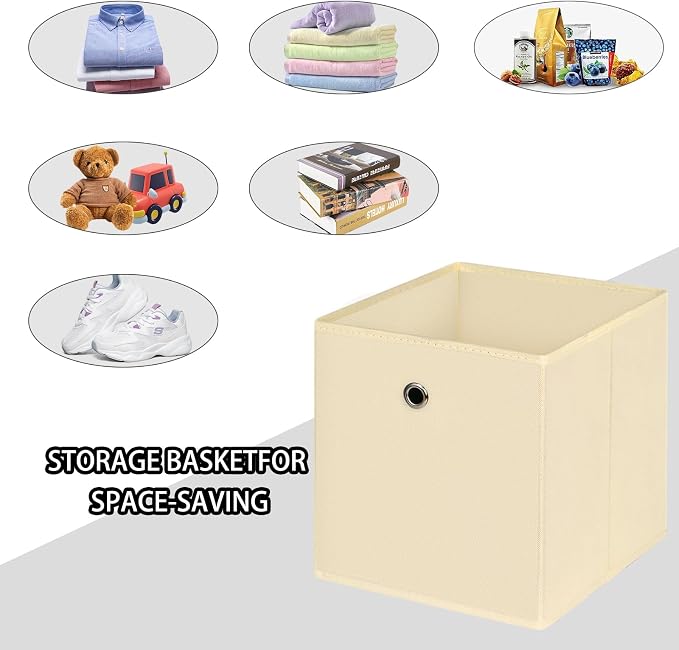 Foldable Storage Cubes Bins ,11 Inch Cloth Storage Cube Fabric Storage Box Cubes Organizer Baskets with Handles for Home Organizer Set of 6 (Creamy-White) - Image 3