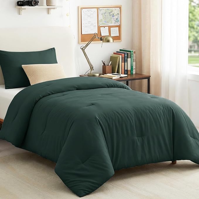 CozyLux Twin Comforter Set Forest Green, 2 Pieces Twin Extra Long Solid Breathable Bedding Sets College Dorm, Twin XL Luxury Soft Bed Set with Down Alternative Comforter and 1 Pillowcase All Seasons