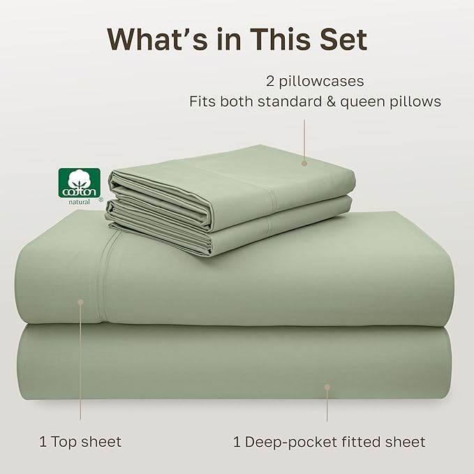 California Design Den Deep Pocket Queen Sheets Set - Luxury 600 Thread Count Sateen, Natural 100% Cotton Queen Size Sheets Set, Fully Elasticized, Crisp and Durable - Laurel Green