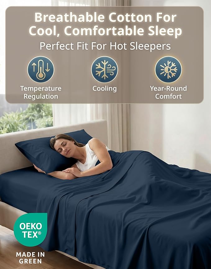 LANE LINEN Twin Sheets Set - 600 Thread Count Premium Sateen Weave - Hotel Quality 100% Cotton Sheets Set for Dorm Rooms - Securely Fits Mattresses Upto 15'' Deep - Oeko Tex Certified - Denim
